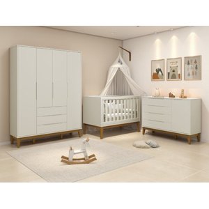 Quarto de Bebê Elfe com Guarda-roupa 4 Portas, Cômoda com Porta e Berço Minicama Noah Areia Fosco Re