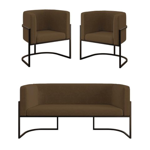 Kit 2 Poltronas + Sofá 2 Lugares Base de Metal Black Balaqui Marrom