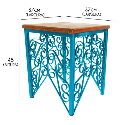 Mesa de Canto de Ferro e Madeira de Demolição Rústica Artesanal para Quarto - Azul Turquesa
