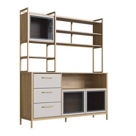 Estante Cozinha 150cm 3 Gavetas e Portas de Vidro Oak/Arenas/Dourado P1066