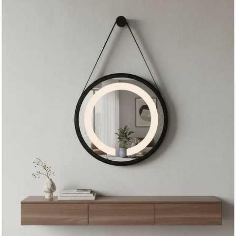 Espelho Redondo Adnet Iluminado Led com Alça 40cm Premium - Preto Alça Preta