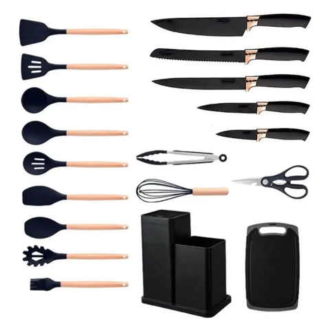 Jogo de Talheres Utensílios Kit Facas 19 Peças com Tabua