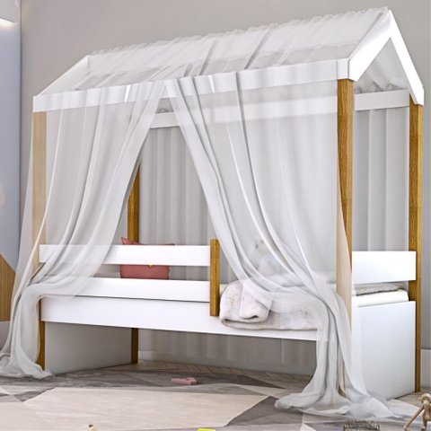 Cama Montessori Exclusiv Solteiro com Colchão e Voal Branco