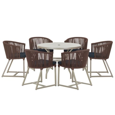 Mesa com 6 Cadeiras de Jantar Roma 120cm e Noronha em Alumínio Fendi Corda Náutica Estofado 12 Trama
