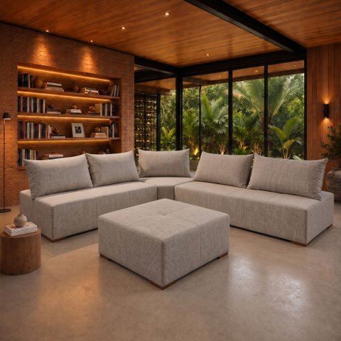 Sofá de Canto Modulado com Puff e Base Madeira Maciça 320CMX270CM Lisboa