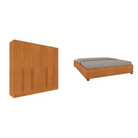 Conjunto Guarda Roupa Casal 6 Portas 8 Gavetas Puxador MDF Portugal e Cama Casal Monaco Marrom/Cinam