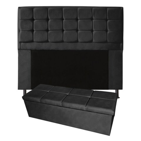 Kit Cabeceira + Calçadeira Baú Copenhague King Size 195cm Suede - Renascer Decor:Preto