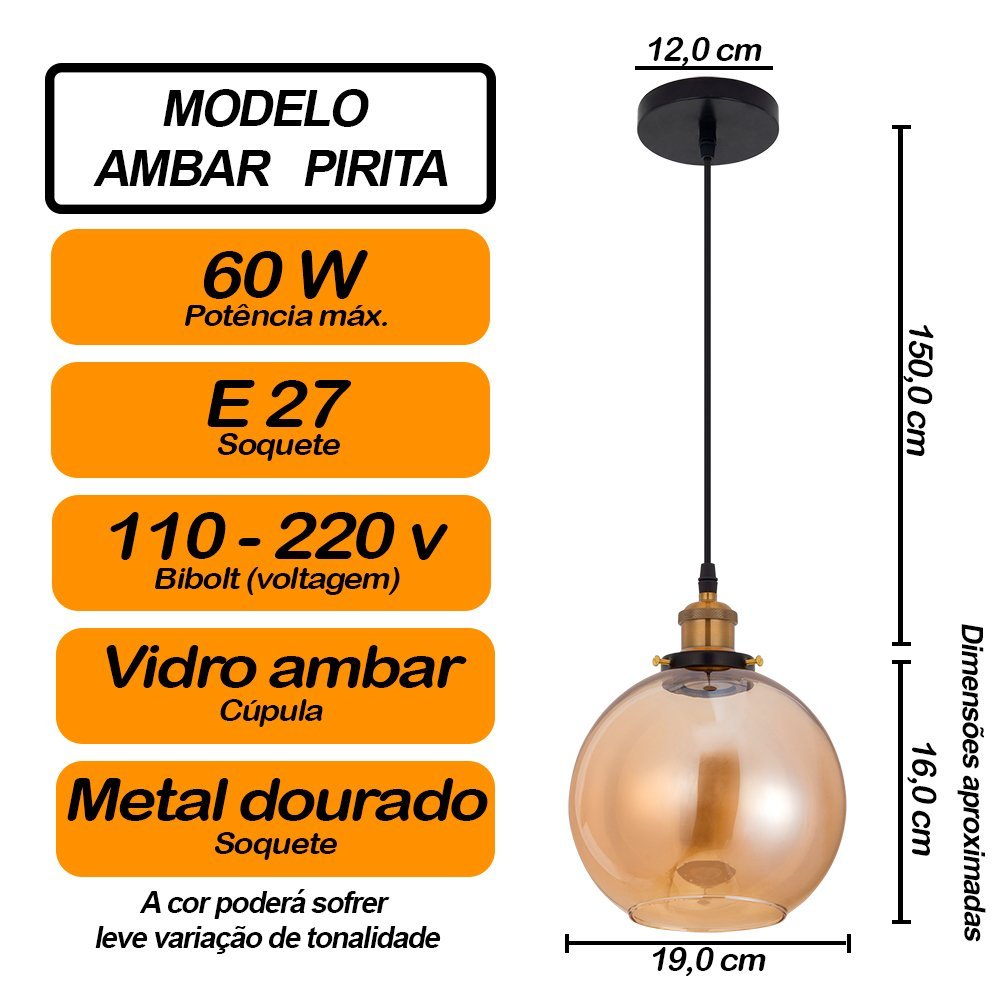 Kit Pendente de Vidro Âmbar Pirita + Lâmpada LED Bivolt Filamento Espiral Original - 2