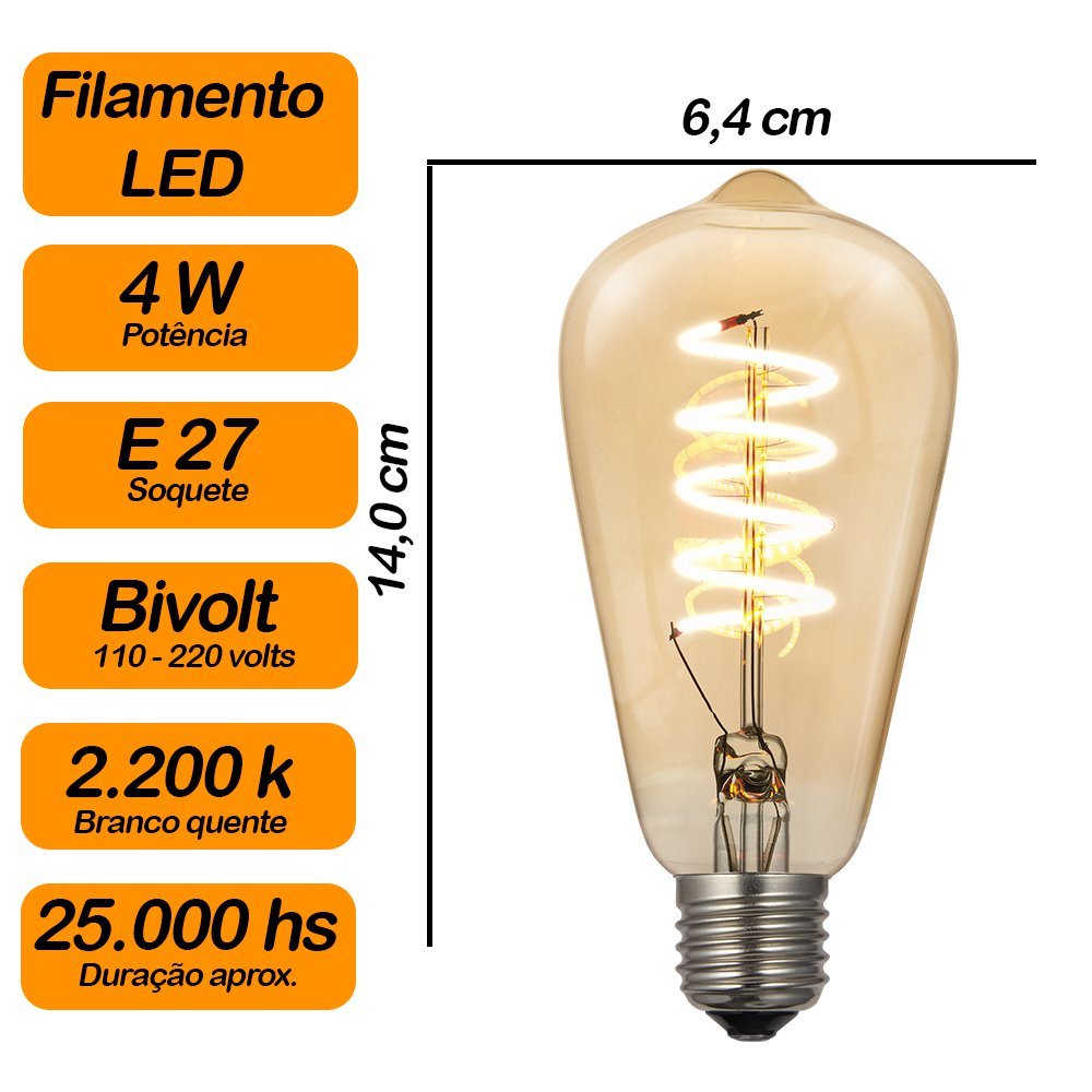 Kit Pendente de Vidro Âmbar Pirita + Lâmpada LED Bivolt Filamento Espiral Original - 3