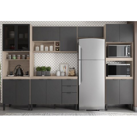 Cozinha Modulada Completa Firenze 330m com Balcão 120m com Tampo Mpd - Avena Touch/ Grafito Demóbile