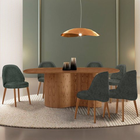 Mesa de Jantar 180cm x 80cm Madeira Tampo Laminado Orgânico com 6 Cadeiras Ester Marrom/Jade/Imbuia