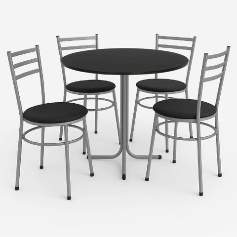 Mesa de Jantar Redonda 80cm Preta com 4 Cadeiras Estofada Cinza