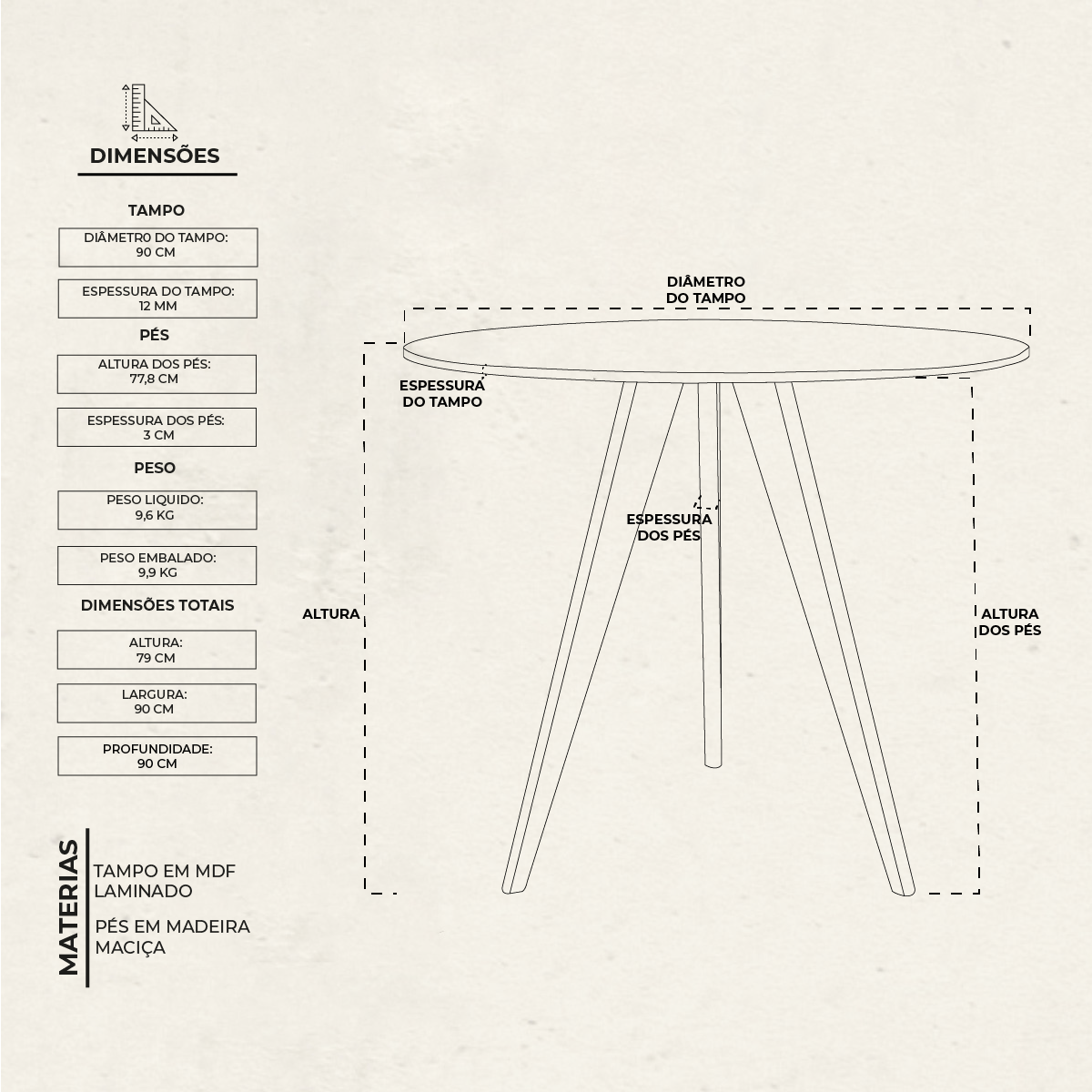 Mesa de Jantar Rodonda Base Tripé em Madeira Maciça - 90 Cm - 9