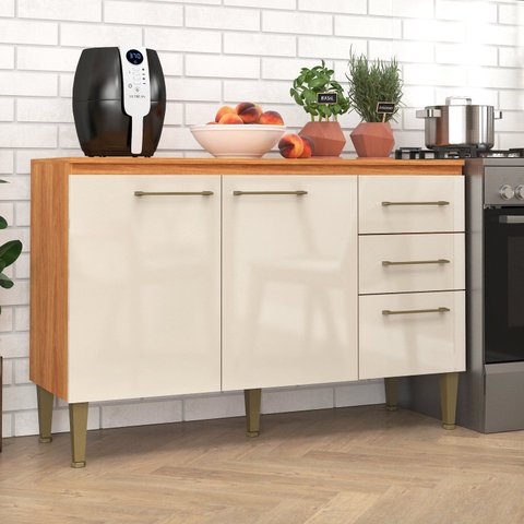 Balcão para Cozinha com Tampo 3 Portas 3 Gavetas Cinamomo e Off White Malu