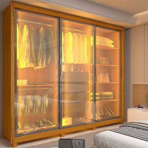 Guarda-Roupa Casal 3 Portas Reflecta com LED com Pés 100% MDF Royale Marrom/Marrome
