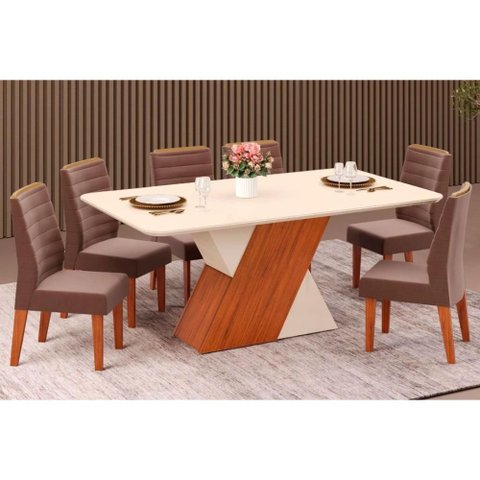 Sala de Jantar Completa Rubi C/ Tampo Madeirado C/ Vidro 170x90cm e 6 Cadeiras Ondina Freijo/off