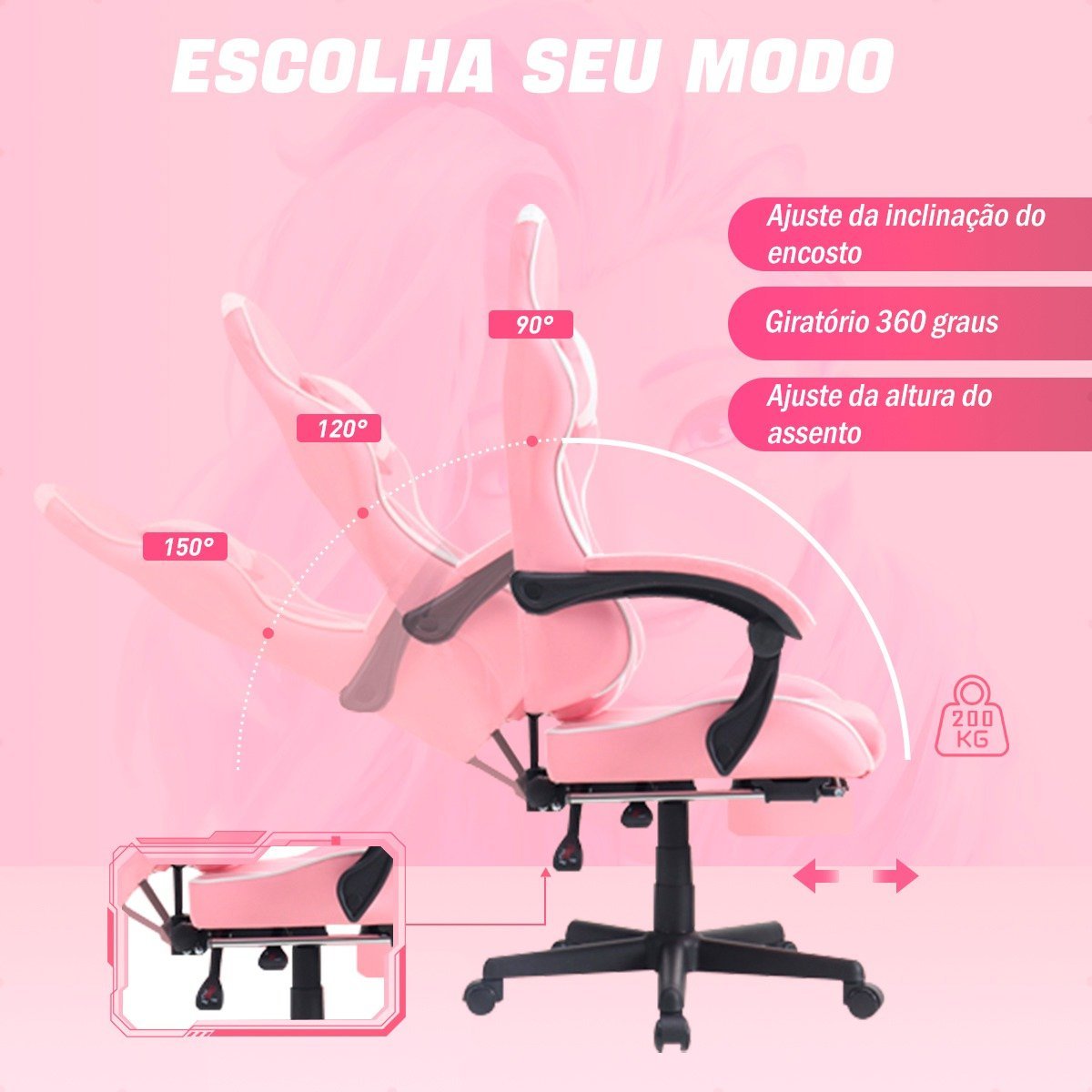 Cadeira Gamer E Escritorio Ergonômica Reclinável Massageador - 3