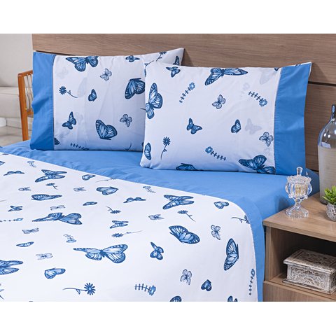 Jogo Lençol 4 Peças Cama Viúva 1,88mx1,28mx30cm 100% Algodão 180 Fios Azul Borboletas Azul