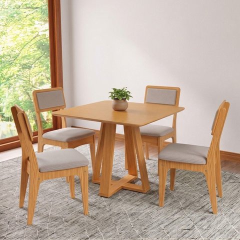 Conjunto Sala de Jantar Mesa Quadrada 90cm com 4 Cadeiras MDF Estofadas Carvalho Rosé/Bege Claro