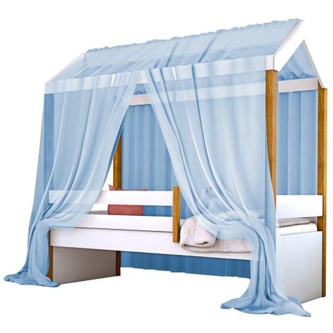 Cama Montessori Cabana Solterio Com Dossel Azul