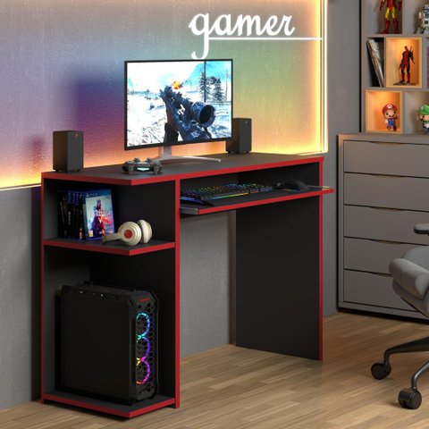 Mesa para Computador Gamer com 2 Prateleiras - Preto/vermelho