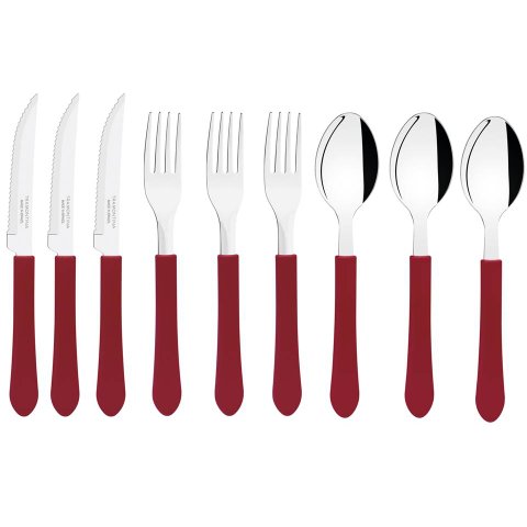 Kit de Talheres Tramontina Leme Lâminas Aço Inox Cabo Vermelho - 9 Peças