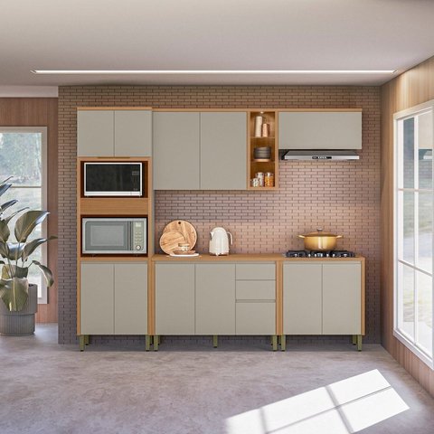 Cozinha Completa Modulada 5 Peças com Torre Quente e Aéreo Simples Allure Marrom/Jequitibá/Gris Fosco
