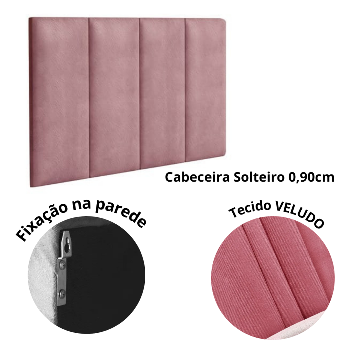 Cabeceira Rosa Veludo Estofada Solteiro 0,90cm Pérola Quarto Decoração Lisa - 3