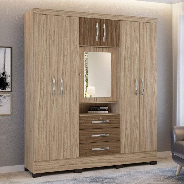 Guarda-Roupa Casal com Espelho 7 Portas 3 Gavetas Grafite Colibri