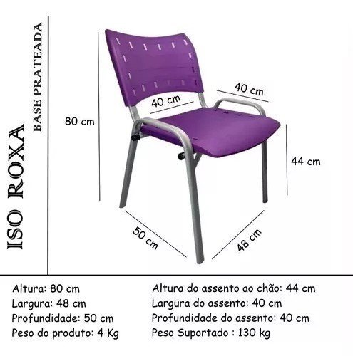 Kit Com 10 Cadeiras Iso Para Escola Escritório Comércio Roxa Base Prata - 3