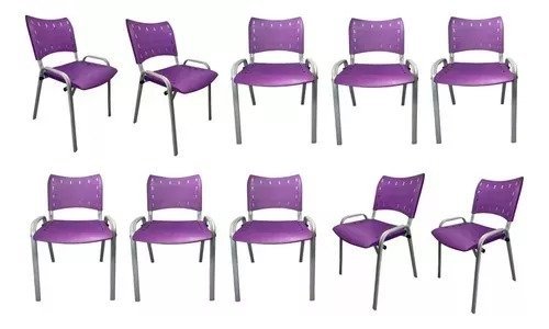 Kit Com 10 Cadeiras Iso Para Escola Escritório Comércio Roxa Base Prata - 1