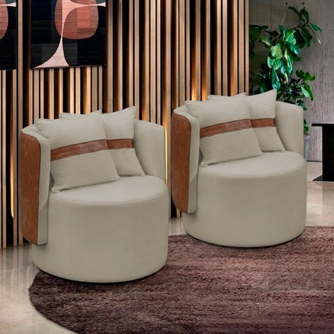 Kit 2 Poltrona Orgânica Maya Corino Nozes e Boucle Bege Redonda Decorativa - Arkell