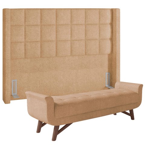Kit Cabeceira Cama Box Paris 160 cm com Puff Recamier Itália P05 Bouclê Mostarda - Lyam Decor Paris 
