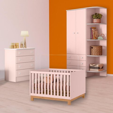 Conjunto Berço Mini Cama Slim, Cômoda e Guarda Roupa Rosa