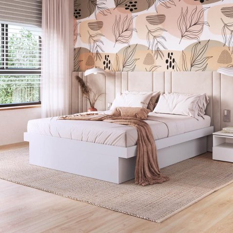Cama Casal Flutuante 142,2cm com Box Baú para Armazenamento Cor:branco