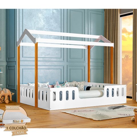 Cama Casal Casinha Montessoriana Ágatha com Colchão D28 - Branco/mel
