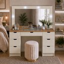 Ver imagem 1 de Penteadeira Camarim Liz com Espelho LED 7 Gavetas Off White e Freijo