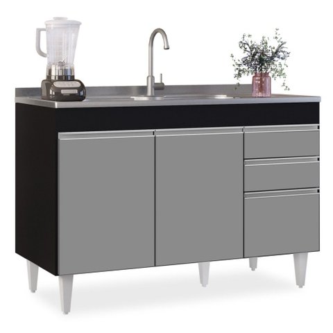 Balcão Gabinete 120cm 3 Portas 2 Gavetas Michigan Preto/cinza - Lumil Móveis