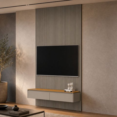 Painel Ripado para TV 60 pol com Bancada Suspensa Orgânica 141cm Slats L05 Tauari Gris Fosco - Lyam 
