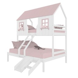 Beliche Casal/ Solteiro Casinha Encantada com Kit Escada/ Escorregador Madeira Maciça Branco/ Rosa - 2