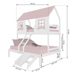 Beliche Casal/ Solteiro Casinha Encantada com Kit Escada/ Escorregador Madeira Maciça Branco/ Rosa - 3