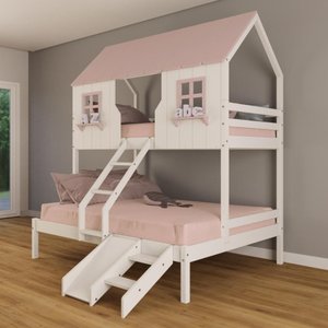 Beliche Casal/ Solteiro Casinha Encantada com Kit Escada/ Escorregador Madeira Maciça Branco/ Rosa