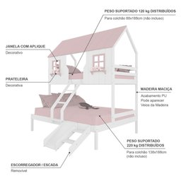 Beliche Casal/ Solteiro Casinha Encantada com Kit Escada/ Escorregador Madeira Maciça Branco/ Rosa - 4