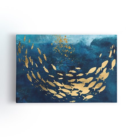 Quadro Peixes Dourados Cardume Azul Aquarela Canvas 120x80cm