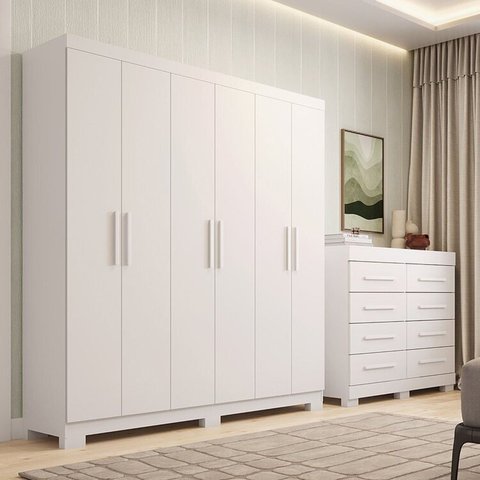 Conjunto Quarto Casal Guarda-Roupa 6 Portas Cômoda 8 Gavetas Papoulas Espresso Móveis Branco