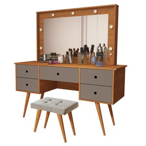 Penteadeira Camarim Anaisa com Banqueta Isa Leds e Espelho: Nature Gris