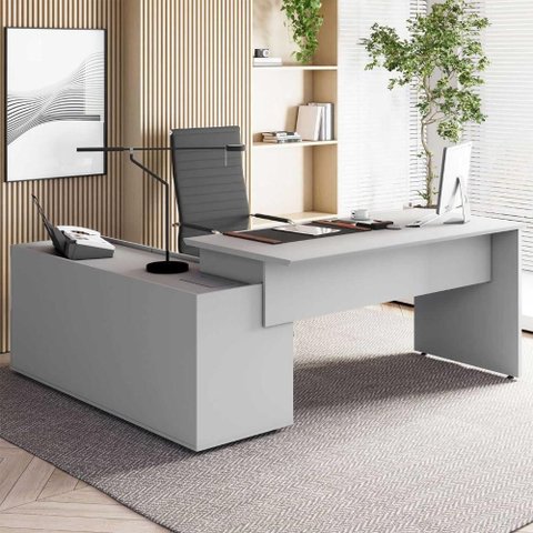 Mesa em L para Escritório com Armário Lateral Mesa em L Diretor 3 Gavetas 180cm Cinza F5 Office