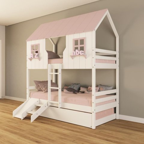 Treliche Casinha Encantada com Kit Escada/ Escorregador Madeira Maciça Branco/ Rosa Housin