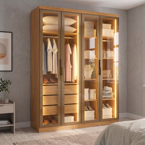 Guarda-Roupa Modulado Reflecta 4 Portas com LED 3 Gavetas e Nichos 100% MDF Cairo Marrom/Cinamomo