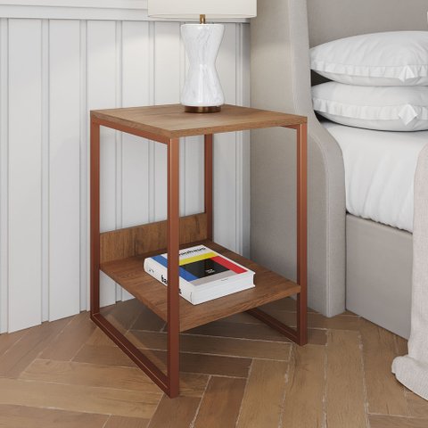 Mesa Cabeceira Lateral de Cama Industrial Amêndoa Tókio Base Cobre